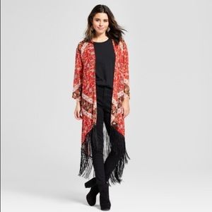 Xhilaration red black fringe sleeveless kimono size Medium